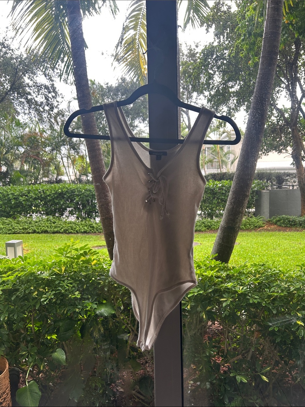 Ambiance Taupe Ribbed Lace-Up Bodysuit